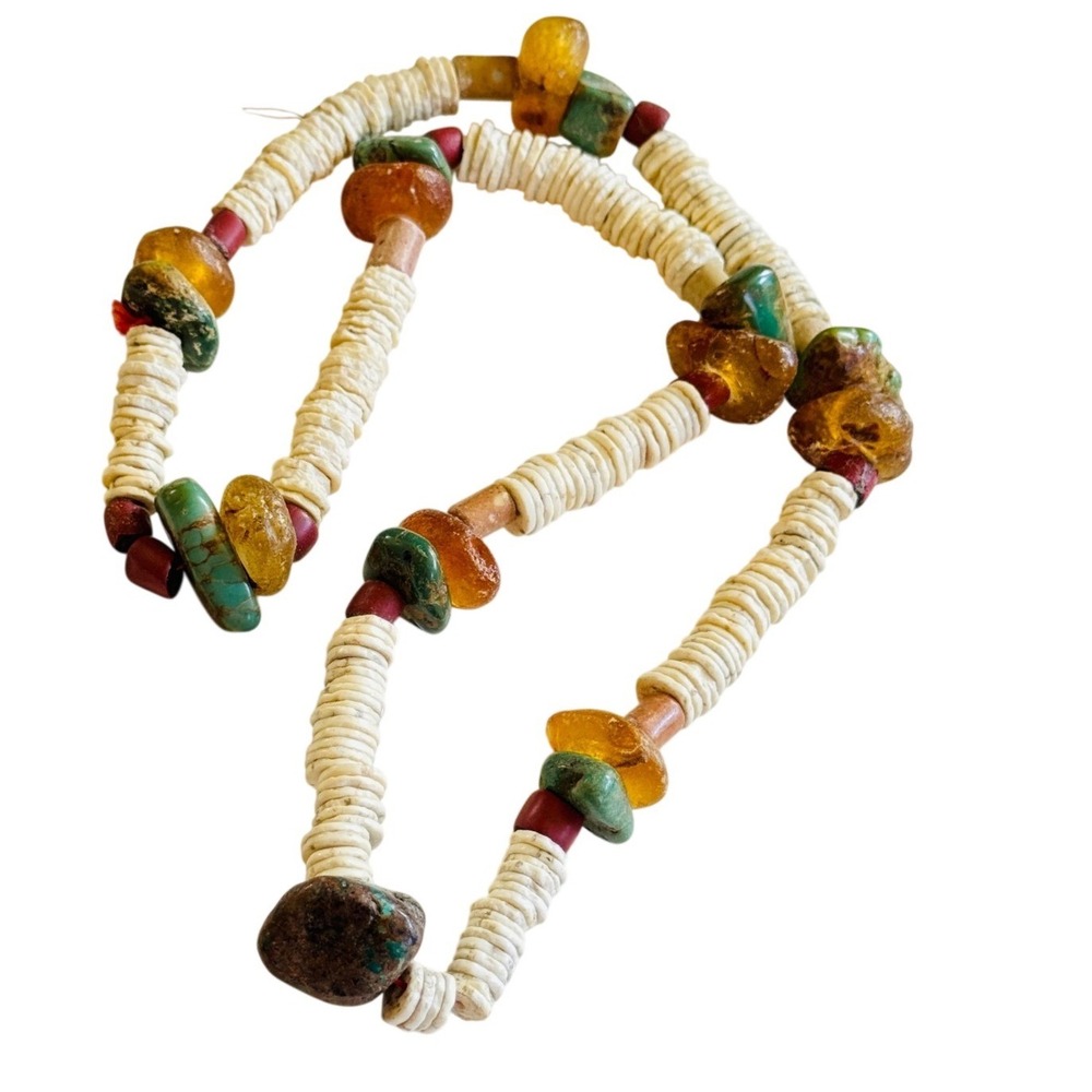 VTG Santo Domingo Turquoise Coral Amber Necklace Heishi Natural beads 181g 28"